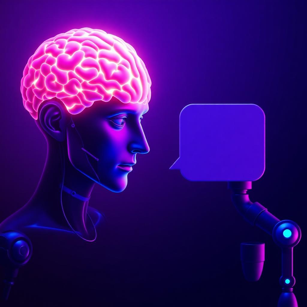 Split composition contrasting an AI brain with a simple chat bubble