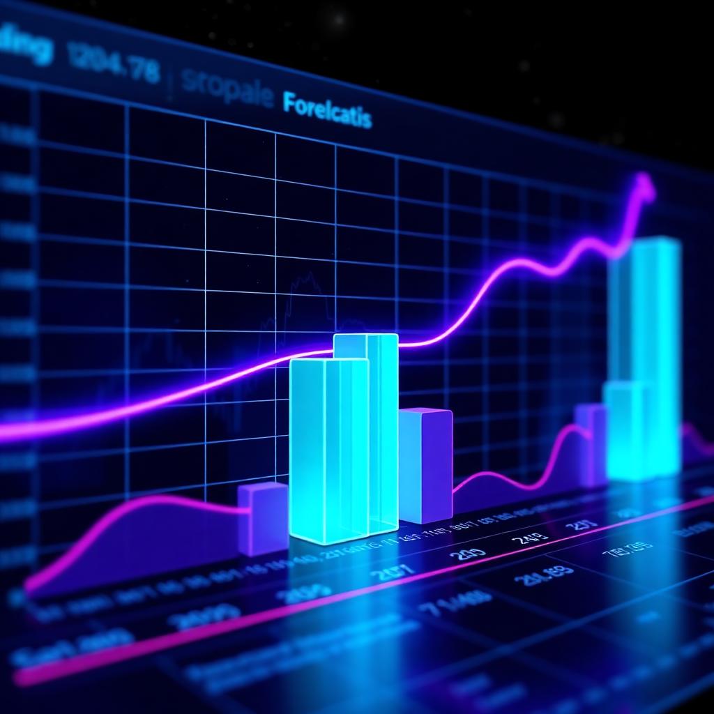 Neon 3D bar chart with predictive forecasting curve