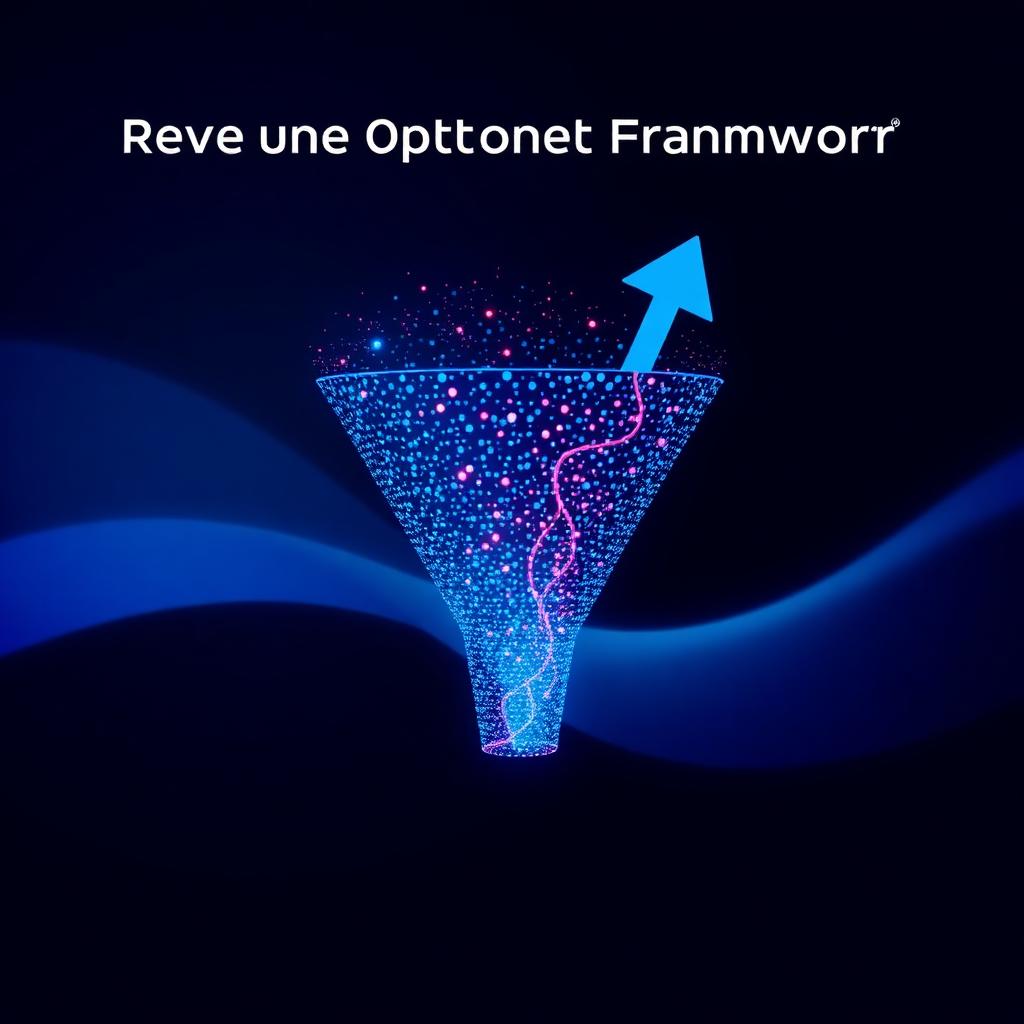 Funnel of glowing data particles converging into an upward arrow