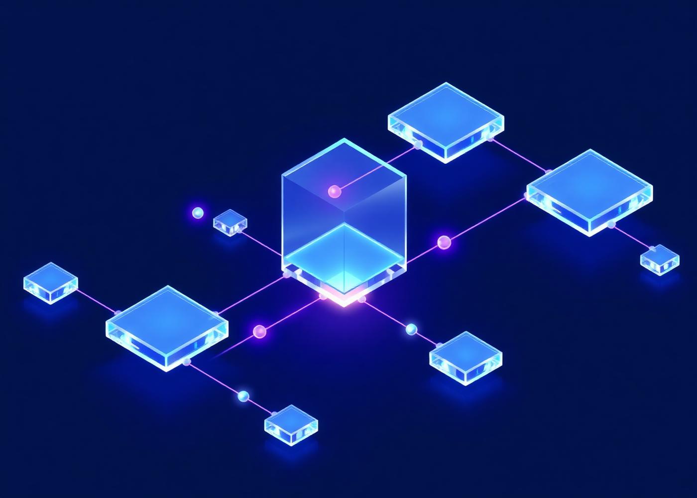 AI workflow visualization: interconnected glass nodes with data flows
